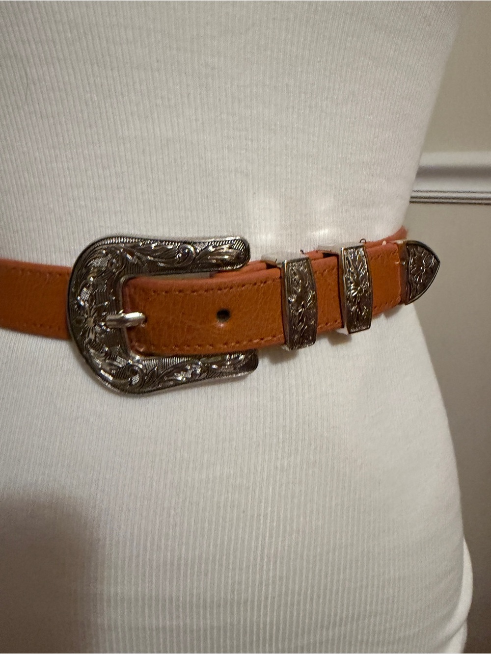 Tan Leather Western-Style Belt with Decorative Silver Buckle